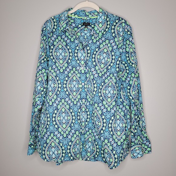 Talbots Shirt Womens Size XL Green Blue Paisley Classic Cotton Button Up L/S Top - Picture 2 of 10